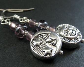 Beaded Earrings, Sun and Moon Earrings. Celestial Earrings in Purple and Silver. Handmade Jewelry