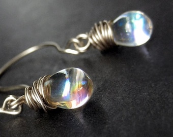 Teardrop Earrings - Wire Wrapped Earrings in Clear Glass - Elixir of Purity in Silver. Handmade Earrings.