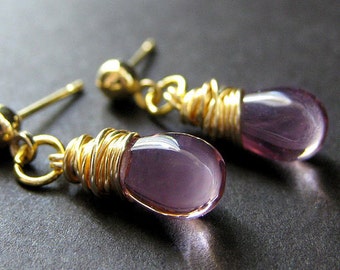 Purple Earrings: Gold Wire Wrapped Stud Earrings in Glass. Handmade Jewelry