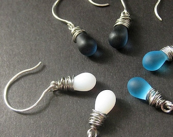 Denim Blue Collection in Silver Teardrop Earrings. Set of Three, Wire Wrapped. Handmade Earrings.