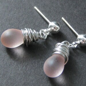 Pink Wire Wrapped Earrings in Silver and Glass with Post Earring Backs. Handmade Jewelry