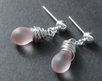 Pink Wire Wrapped Earrings in Silver and Glass with Post Earring Backs. Handmade Jewelry