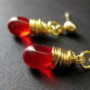 Blood Red Earrings. Gold Wire Wrapped Earrings Teardrop Post Earring Backs. Handmade Jewelry image 2