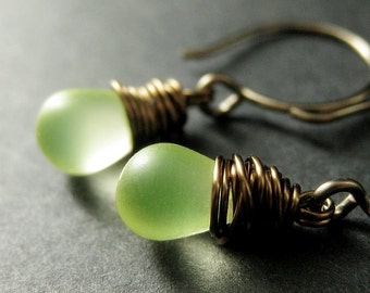 Teardrop Earrings Wire Wrapped in Bronze - Frosted Yellow Earrings with Lime. Elixir of Lemon Lime. Handmade Earrings.