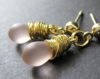 Pink Earrings Wire Wrapped Teardrop Earrings and Post Earring Backs. Handmade Jewelry