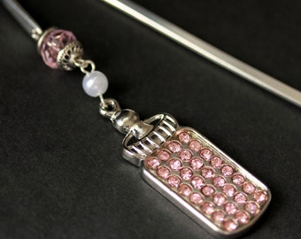 Baby Bottle Bookmark: Rhinestone Charm, Glass Crystals, Pearl Beads