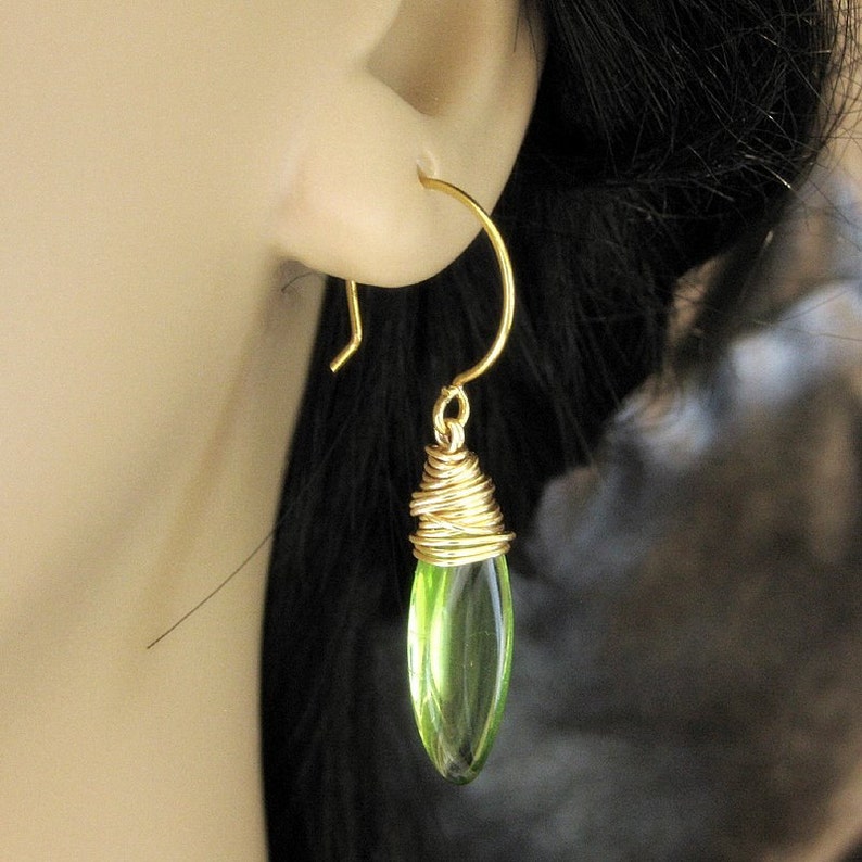 Olive Green Earrings. Wire Wrapped Dangle Earrings. Glass Drop Earrings. Handmade Earrings. image 5