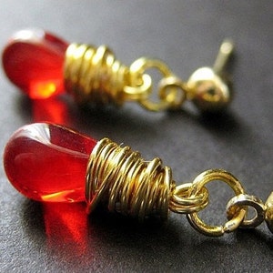 Blood Red Earrings. Gold Wire Wrapped Earrings Teardrop Post Earring Backs. Handmade Jewelry image 1