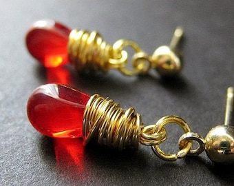 Blood Red Earrings. Gold Wire Wrapped Earrings - Teardrop Post Earring Backs. Handmade Jewelry