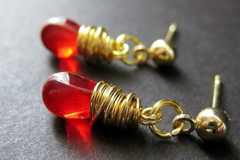 Blood Red Earrings. Gold Wire Wrapped Earrings Teardrop Post Earring Backs. Handmade Jewelry image 1