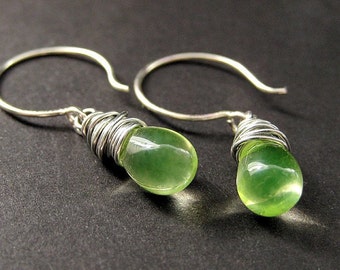 Teardrop Wire Wrapped Earrings in Lemon Lime and Silver. Handmade Jewelry