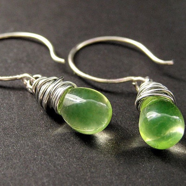 Teardrop Wire Wrapped Earrings in Lemon Lime and Silver. Handmade Jewelry