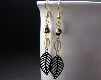 Dangle Earrings. Leaf Earrings in Black and Gold - Dancing Leaves. Handmade Earrings.
