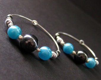 Handmade Teal Beaded Hoop Earrings: Magnetic Hematite, Silver Accents