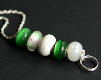 Lampwork Glass Beaded Badge Lanyard: Green & White ID Necklace