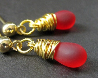 Red Earrings Wire Wrapped Teardrop Dangle Stud Earrings. Handmade Jewelry