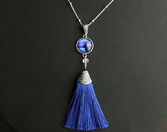 Tassel Necklace. Deer Necklace. Cobalt Blue Necklace. Wildlife Necklace. Blue Tassel Necklace. Silver Necklace. Handmade Necklace.