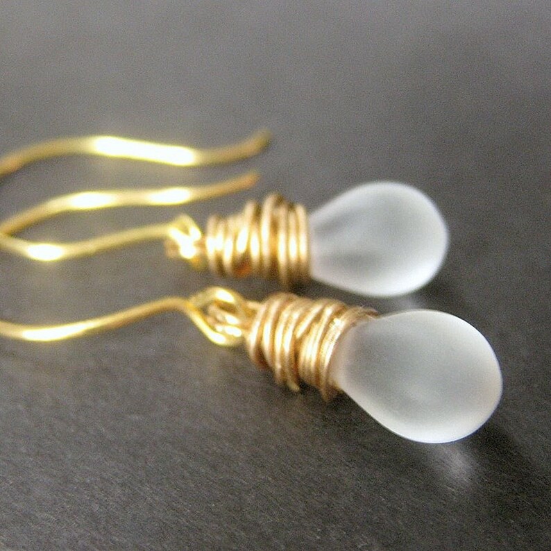 Frosted Glass Teardrop Earrings. Gold Earrings. Wire Wrapped Teardrop Earrings. Dangle Earrings. Handmade Earrings. image 2