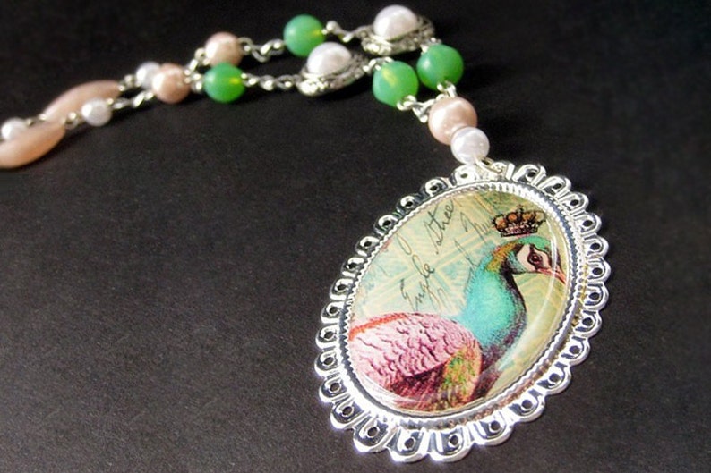 Peacock Necklace. Beaded Necklace. Bird Necklace. Mint Green Necklace. Pink Necklace. Silver Necklace. Handmade Necklace. Handmade Jewelry. image 1
