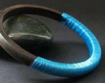 Teal Blue Fiber Wrapped Wood Bangle Bracelet. Handmade Bracelet.