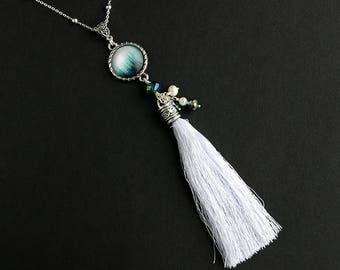 Evergreen Forest Pendant Necklace: Teal Green Beads, White Tassel