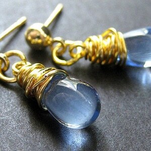 Sky Blue Earrings Gold Wire Wrapped Teardrop Earrings Post Stud Backs. Handmade Jewelry