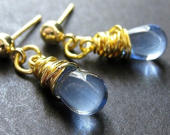 Sky Blue Earrings Gold Wire Wrapped Teardrop Earrings Post Stud Backs. Handmade Jewelry