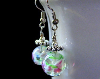 Lampwork Earrings. Flower Earrings, Beaded Earrings with Pink Flowers - Peony Petals in Air. Handmade Earrings.