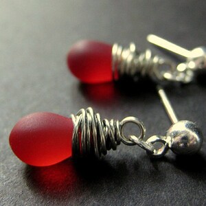 Red Teardrop Wire Wrapped Stud Earrings in Clouded Glass and Silver. Handmade Earrings.