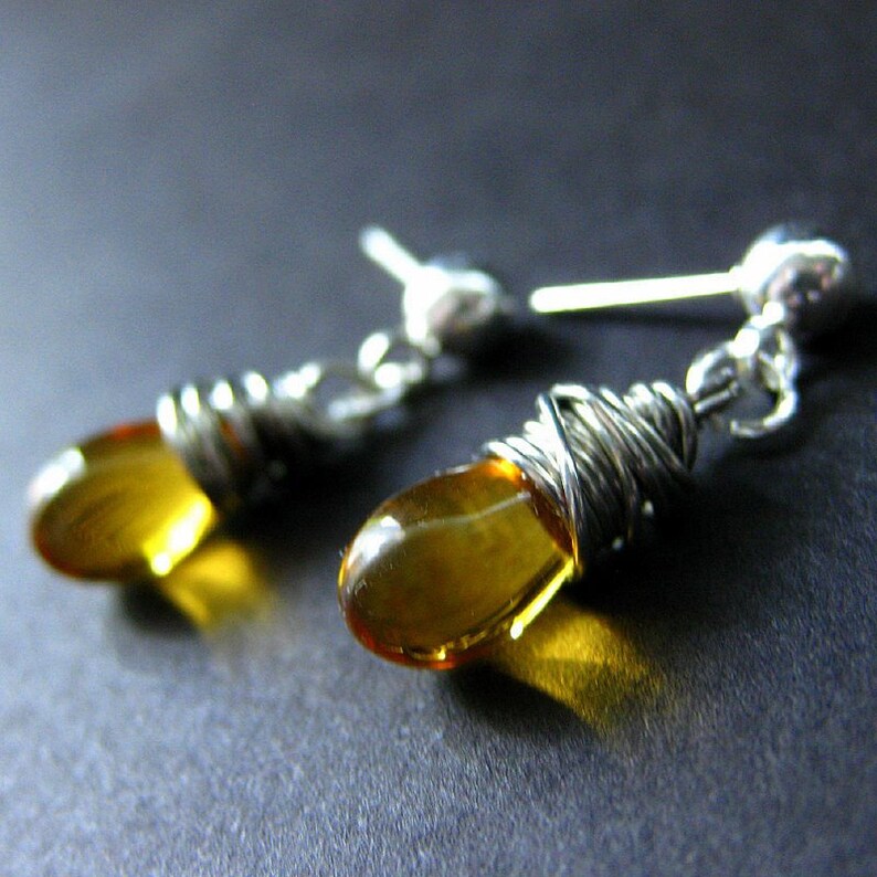 Honey Glass Teardrop Stud Earrings Wire Wrapped in Silver. Handmade Jewelry image 2