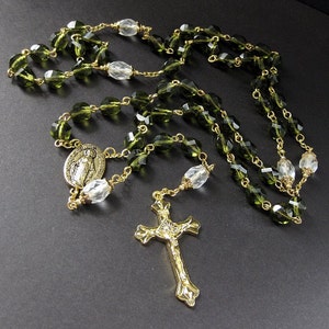 Crystal Rosary in Forest Green, Frosted Snow and Gold. Traditional Rosary. Handmade Rosary. image 5