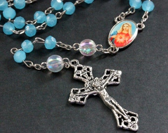 Turquoise Blue Crystal Catholic Rosary in Silver. Crystal Rosary. Turquoise Rosary. Blue Rosary. Handmade Rosary.
