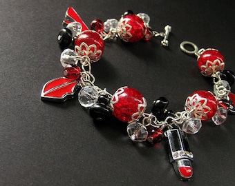 Red Charm Bracelet. Beaded Bracelet in Lipstick Red, Black and Silver. Date Night. Handmade Bracelet.