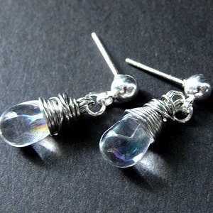Wire Wrapped Earrings, Iridescent Clear Teardrop, Silver Post Earrings. Handmade Jewelry