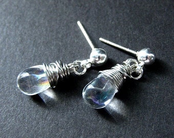 Wire Wrapped Earrings, Iridescent Clear Teardrop, Silver Post Earrings. Handmade Jewelry