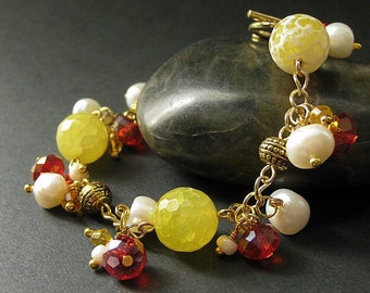 Gemstone Bracelet in Lemon Agate, Citrine Crystals and Fresh Water Pearl - Limited Edition. Handmade Bracelet.