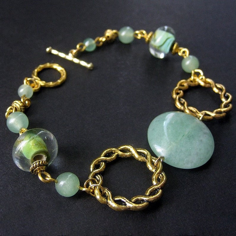 Aventurine and Lampwork Glass Bracelet in Gold. Handmade Jewelry image 3