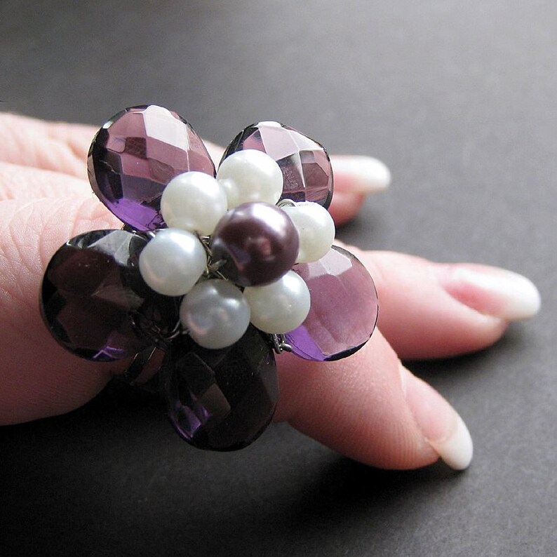 Purple Crystal Flower Ring With Pearls. Handmade Jewelry by - Etsy