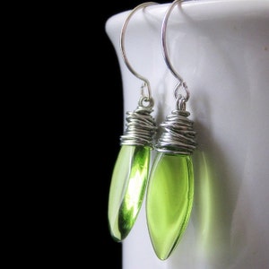 Olive Green Earrings. Wire Wrapped Dangle Earrings. Glass Drop Earrings. Handmade Earrings. image 2