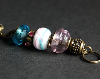 Beaded Lanyard: Turquoise, Pink Glass Beads, Bronze Badge Holder