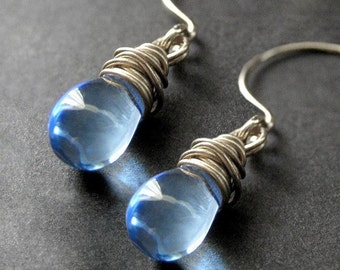 Wire Wrapped Earrings: Blue Teardrops in Silver - Elixir of Raindrops. Handmade Earrings.