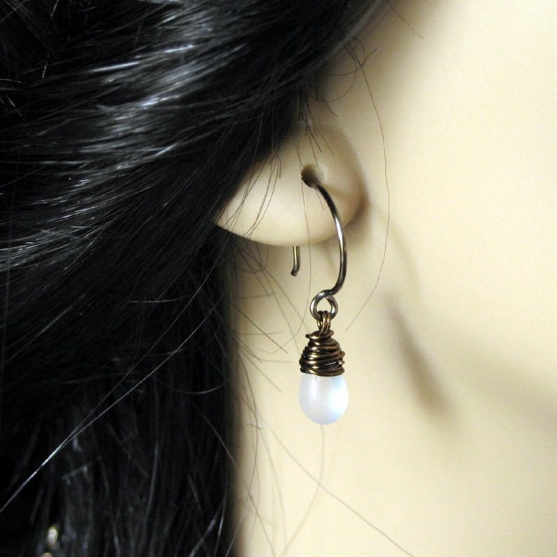 Frost White Earrings: Teardrop Earrings Wire Wrapped in Bronze Elixir of Frost. Handmade Earrings. image 4