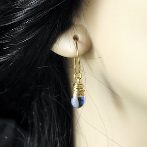 Blue Teardrop Earrings Wire Wrapped Elixir of Raindrops in Gold. Handmade Jewelry image 4