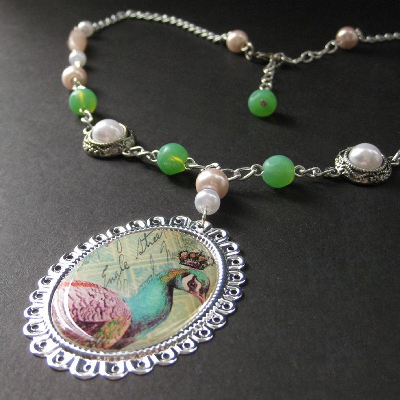 Peacock Necklace. Beaded Necklace. Bird Necklace. Mint Green Necklace. Pink Necklace. Silver Necklace. Handmade Necklace. Handmade Jewelry. image 3