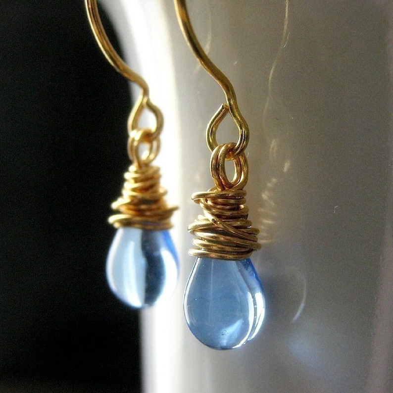 Blue Teardrop Earrings Wire Wrapped Elixir of Raindrops in Gold. Handmade Jewelry image 2