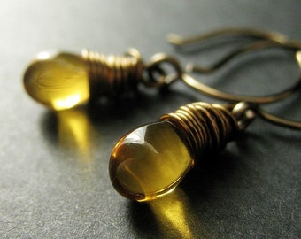 Honey Gold Teardrop Earrings. Wire Wrapped Earrings in Bronze - Elixir of Honey. Handmade Earrings.