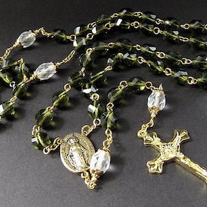 Crystal Rosary in Forest Green, Frosted Snow and Gold. Traditional Rosary. Handmade Rosary. image 1