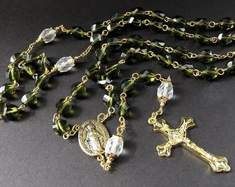 Crystal Rosary in Forest Green, Frosted Snow and Gold. Traditional Rosary. Handmade Rosary.