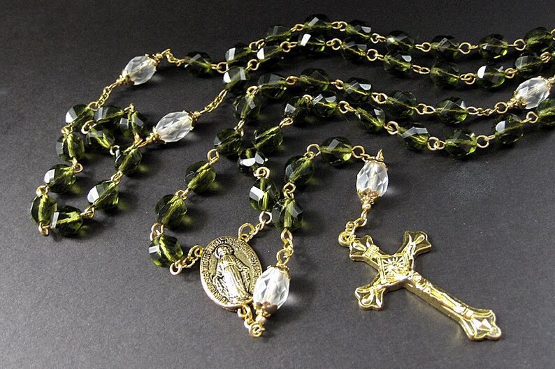 Crystal Rosary in Forest Green, Frosted Snow and Gold. Traditional Rosary. Handmade Rosary. image 1