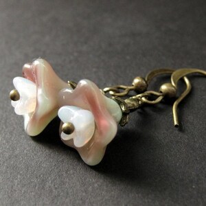 Pink Flower Earrings. Pink and Sage Floral Earrings. Dangle Earrings. Bronze Earrings. Handmade Earrings.